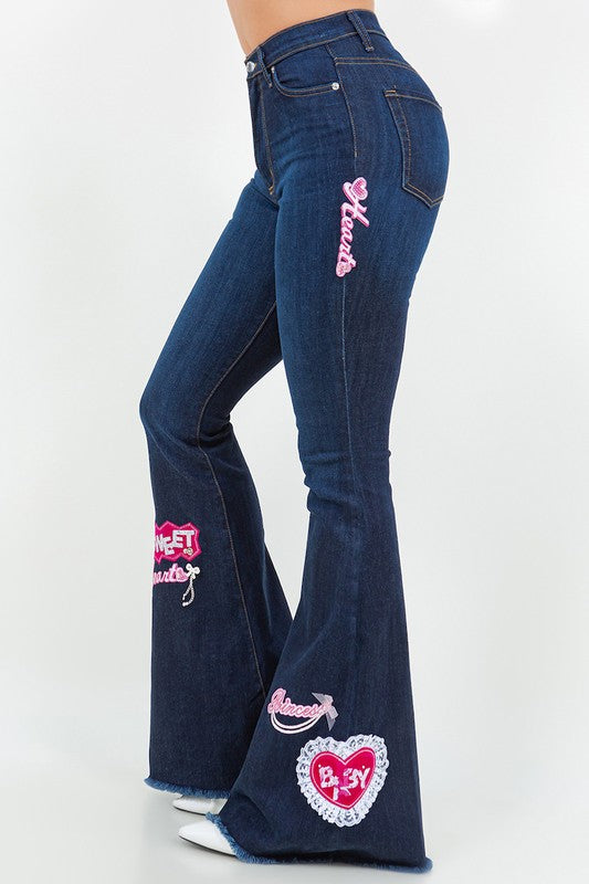 GJG Denim Sweet Heart Bell Bottom Jeans in Dark Denim