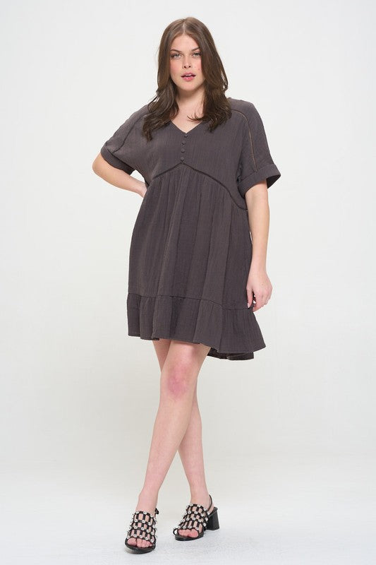 Jade by Jane Wrinkled Cotton Short Sleeve V-Neck Mini Dress in Sage or Charcoal