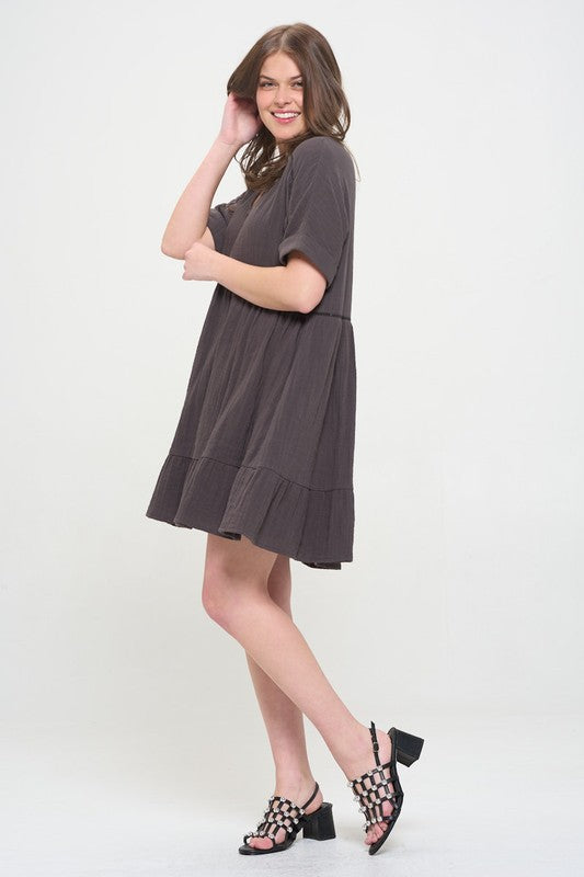 Jade by Jane Plus Wrinkle Cotton Gauze Short Sleeve V-Neck Dress in Charcoal or Sage