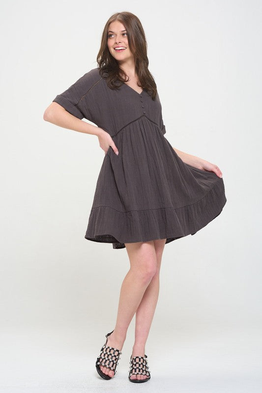 Jade by Jane Plus Wrinkle Cotton Gauze Short Sleeve V-Neck Dress in Charcoal or Sage