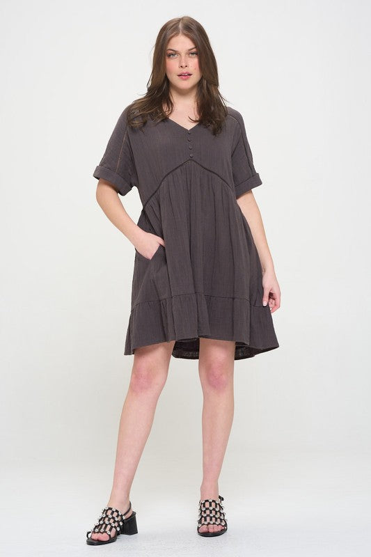 Jade by Jane Plus Wrinkle Cotton Gauze Short Sleeve V-Neck Dress in Charcoal or Sage