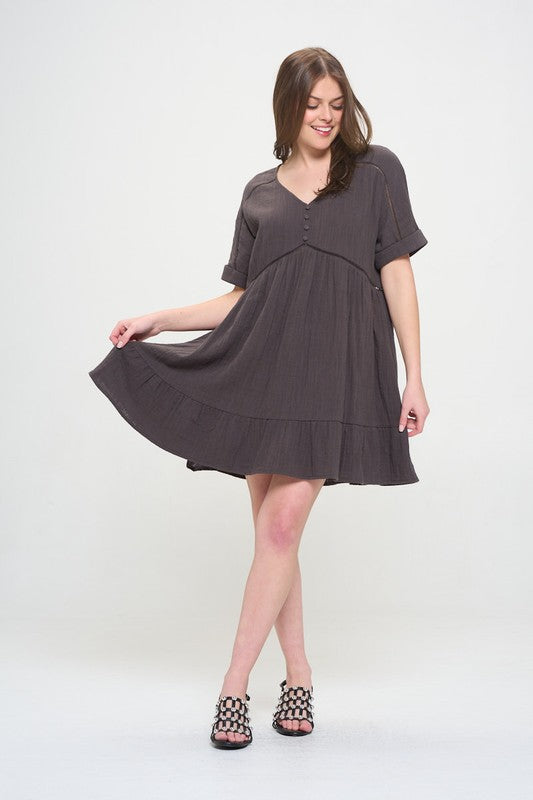 Jade by Jane Plus Wrinkle Cotton Gauze Short Sleeve V-Neck Dress in Charcoal or Sage