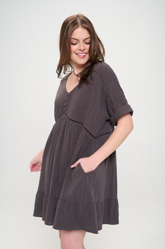 Jade by Jane Plus Wrinkle Cotton Gauze Short Sleeve V-Neck Dress in Charcoal or Sage