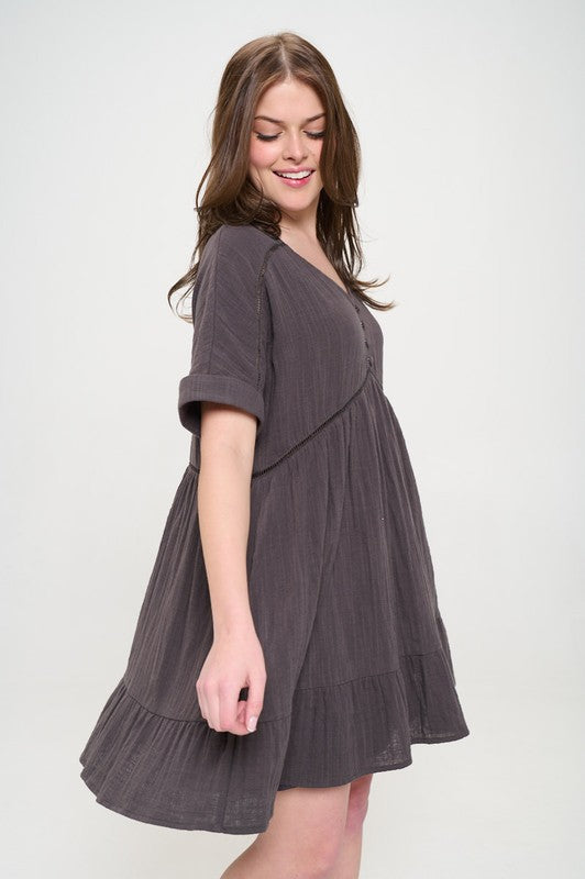 Jade by Jane Plus Wrinkle Cotton Gauze Short Sleeve V-Neck Dress in Charcoal or Sage