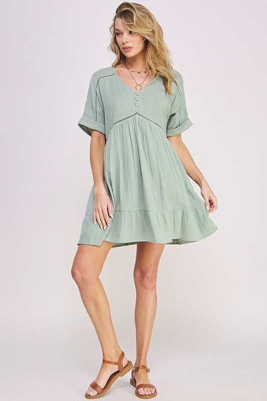 Jade by Jane Plus Wrinkle Cotton Gauze Short Sleeve V-Neck Dress in Charcoal or Sage