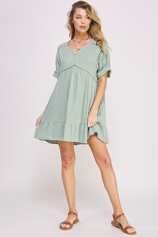 Jade by Jane Plus Wrinkle Cotton Gauze Short Sleeve V-Neck Dress in Charcoal or Sage