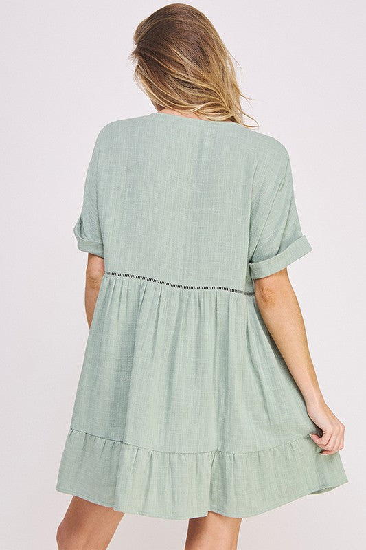 Jade by Jane Plus Wrinkle Cotton Gauze Short Sleeve V-Neck Dress in Charcoal or Sage