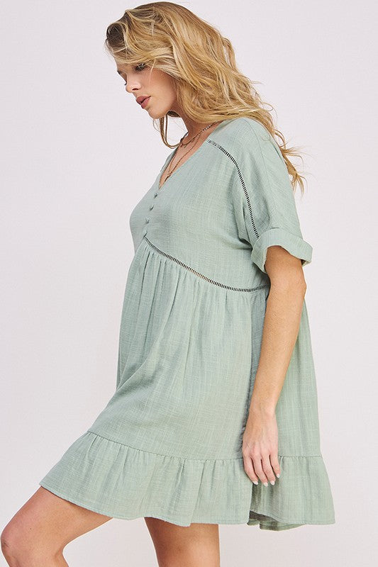 Jade by Jane Plus Wrinkle Cotton Gauze Short Sleeve V-Neck Dress in Charcoal or Sage