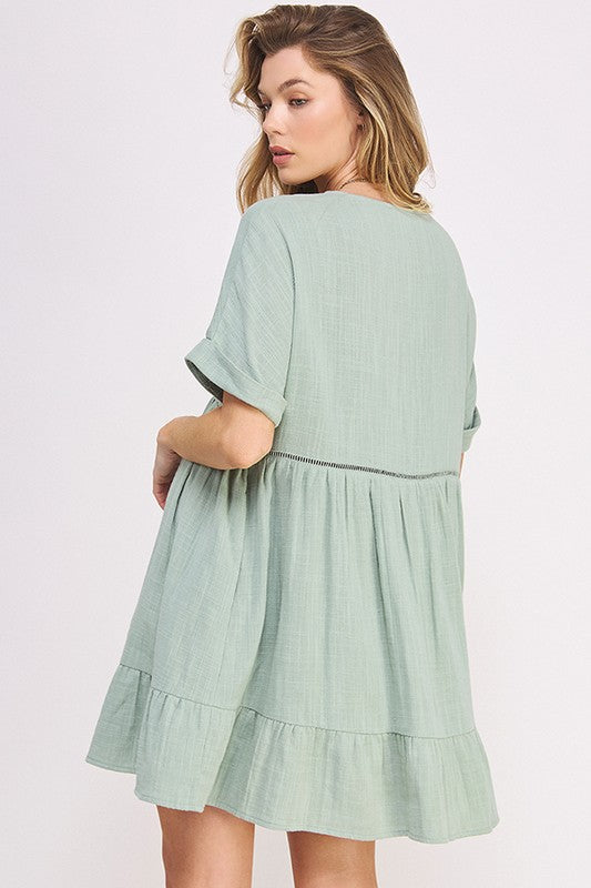 Jade by Jane Plus Wrinkle Cotton Gauze Short Sleeve V-Neck Dress in Charcoal or Sage