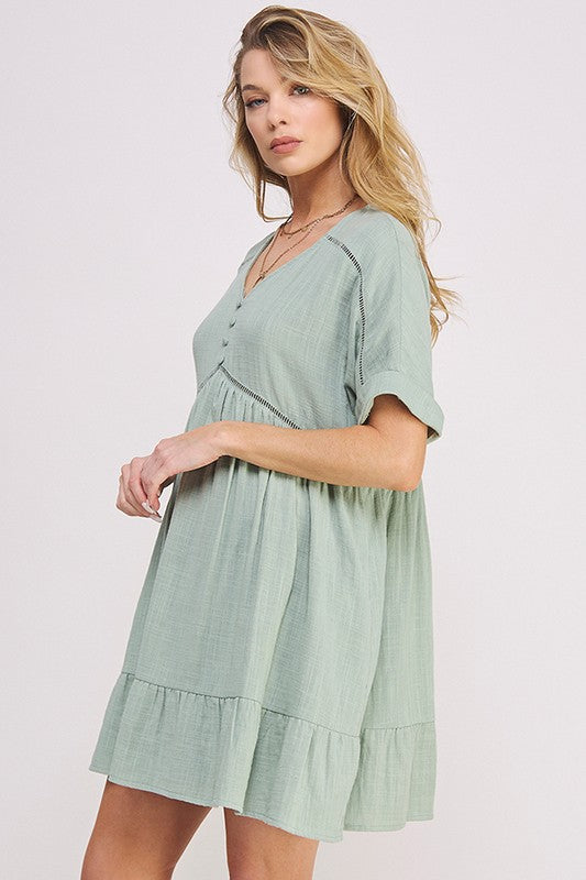 Jade by Jane Plus Wrinkle Cotton Gauze Short Sleeve V-Neck Dress in Charcoal or Sage