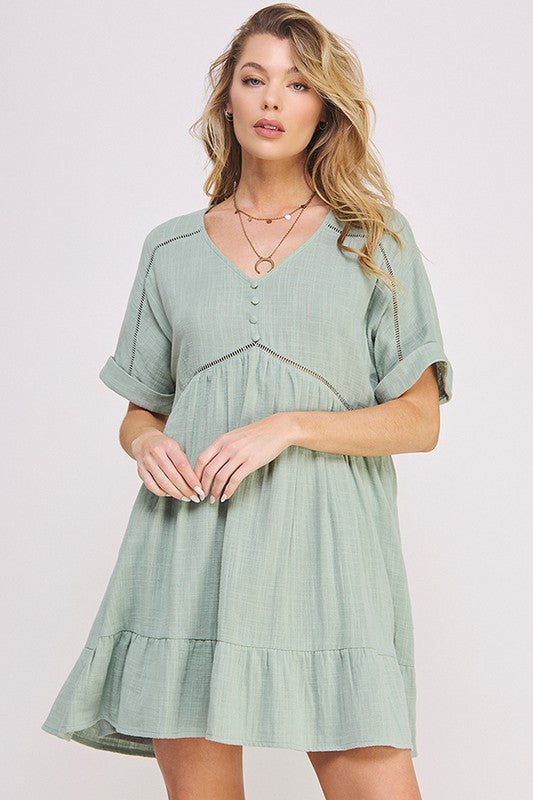 Jade by Jane Plus Wrinkle Cotton Gauze Short Sleeve V-Neck Dress in Charcoal or Sage