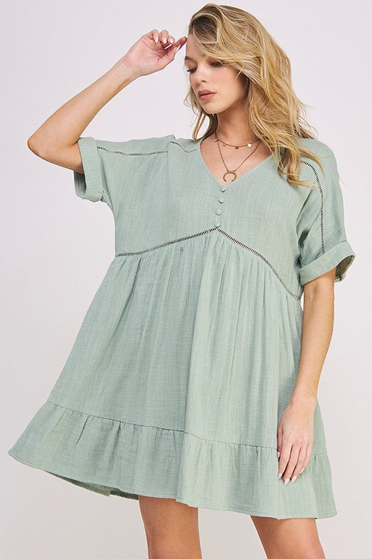 Jade by Jane Plus Wrinkle Cotton Gauze Short Sleeve V-Neck Dress in Charcoal or Sage