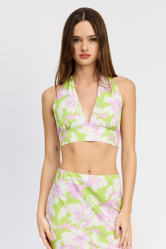 EMORY PARK CLASSIC 90S HALTER CROP TOP IN FLORAL LIME