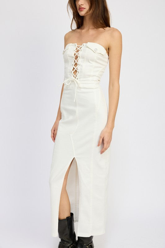 EMORY PARK LACE UP STRAPLESS MAXI DRESS