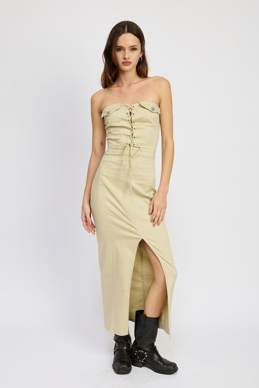 EMORY PARK LACE UP STRAPLESS MAXI DRESS