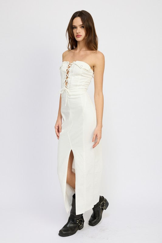 EMORY PARK LACE UP STRAPLESS MAXI DRESS