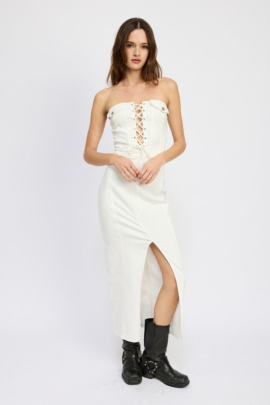 EMORY PARK LACE UP STRAPLESS MAXI DRESS