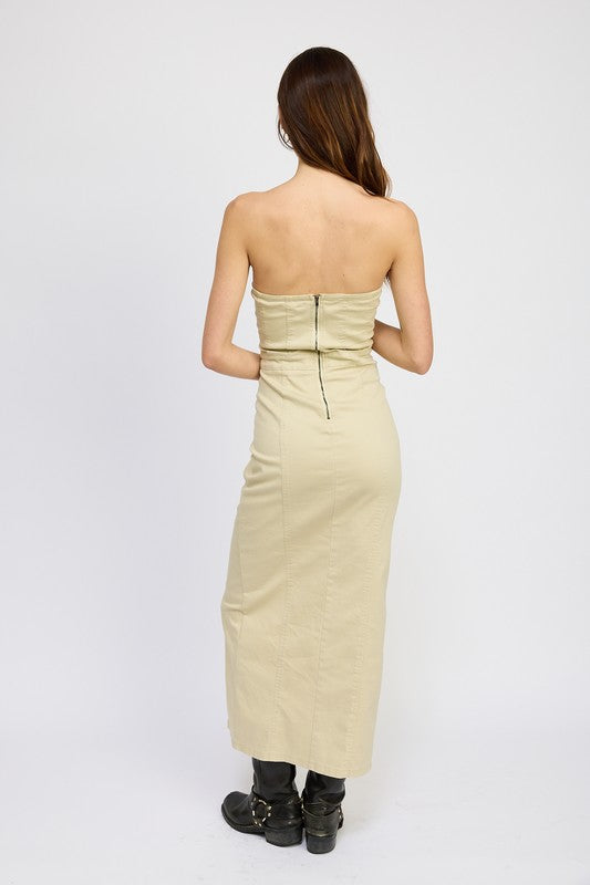 EMORY PARK LACE UP STRAPLESS MAXI DRESS