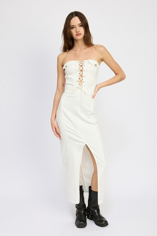 EMORY PARK LACE UP STRAPLESS MAXI DRESS