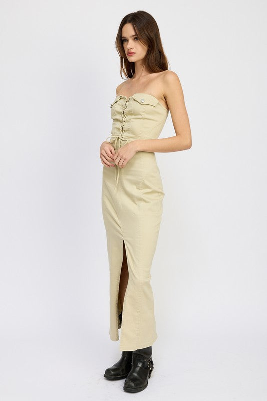 EMORY PARK LACE UP STRAPLESS MAXI DRESS