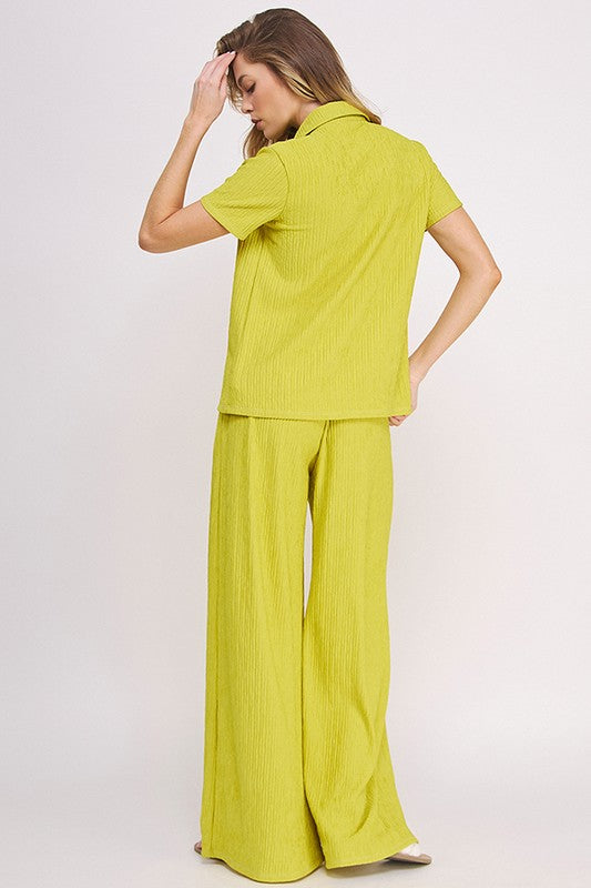 JADE BY JANE TWO PIECE TEXTURED SHORT SLEEVE BUTTON TOP & WIDE LEG PANTS SET IN 3 COLORS