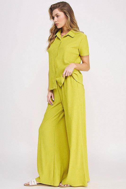 JADE BY JANE PLUS SIZE TWO PIECE TEXTURED SHORT SLEEVE TOP & WIDE LEG PANTS SET IN 3 COLORS