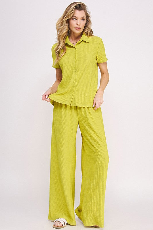 JADE BY JANE TWO PIECE TEXTURED SHORT SLEEVE BUTTON TOP & WIDE LEG PANTS SET IN 3 COLORS