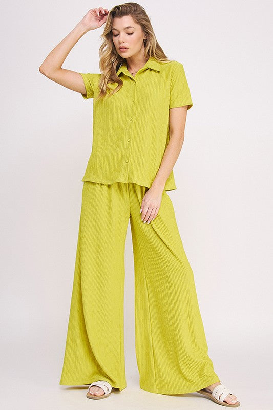 JADE BY JANE PLUS SIZE TWO PIECE TEXTURED SHORT SLEEVE TOP & WIDE LEG PANTS SET IN 3 COLORS