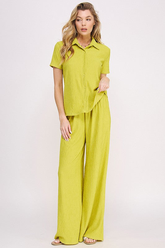 JADE BY JANE PLUS SIZE TWO PIECE TEXTURED SHORT SLEEVE TOP & WIDE LEG PANTS SET IN 3 COLORS