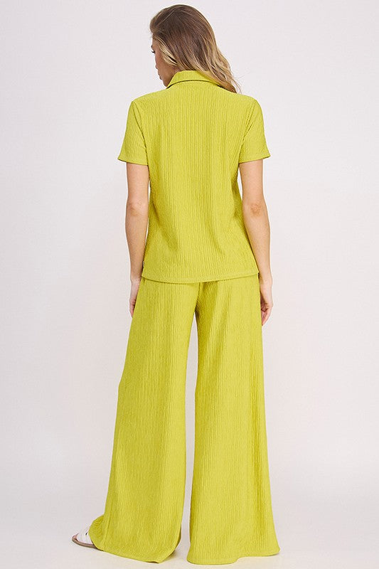 JADE BY JANE TWO PIECE TEXTURED SHORT SLEEVE BUTTON TOP & WIDE LEG PANTS SET IN 3 COLORS