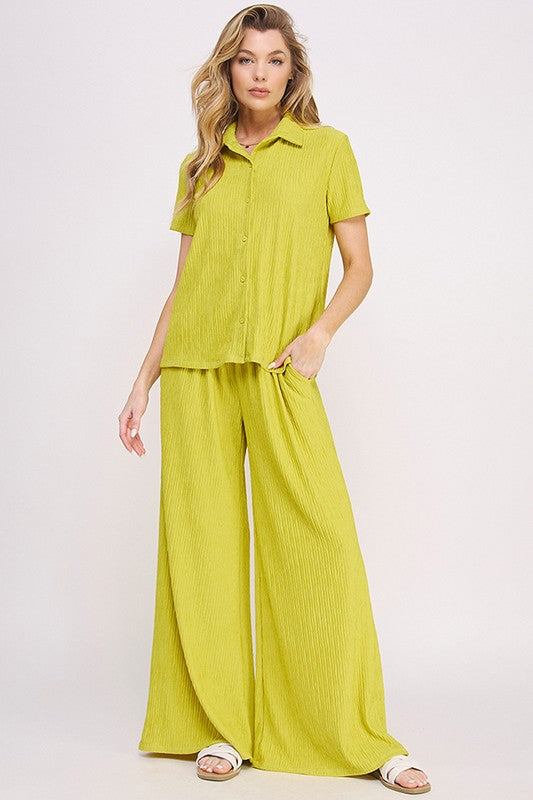 JADE BY JANE TWO PIECE TEXTURED SHORT SLEEVE BUTTON TOP & WIDE LEG PANTS SET IN 3 COLORS