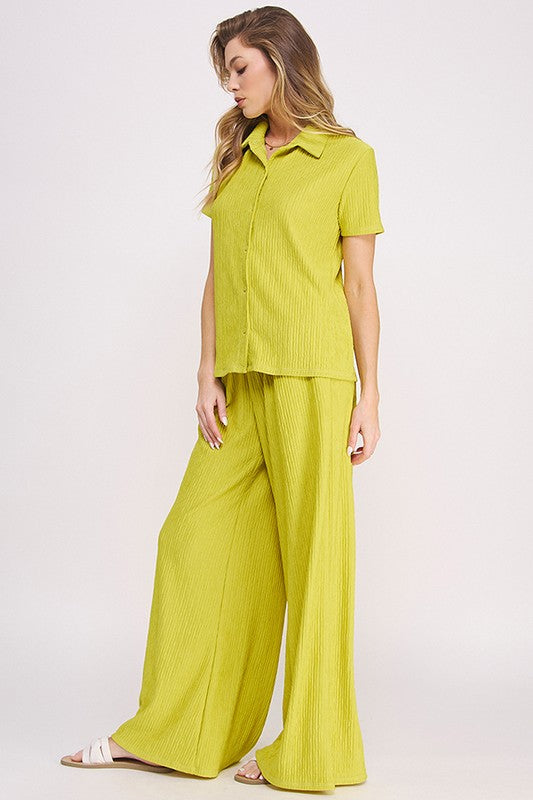 JADE BY JANE PLUS SIZE TWO PIECE TEXTURED SHORT SLEEVE TOP & WIDE LEG PANTS SET IN 3 COLORS