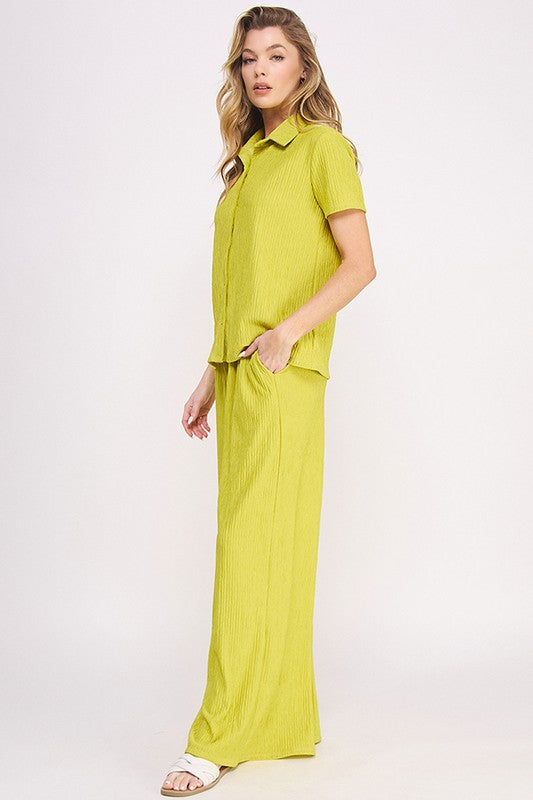 JADE BY JANE TWO PIECE TEXTURED SHORT SLEEVE BUTTON TOP & WIDE LEG PANTS SET IN 3 COLORS