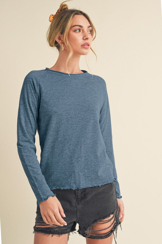 Aemi + Co Lettuce Edge Long Sleeve Round Neck T-Shirt Top in 11 Colors NWT