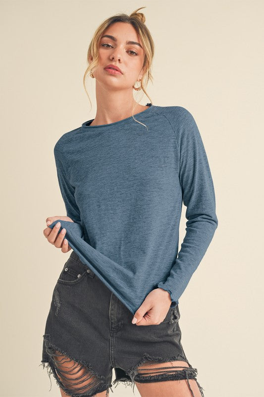 Aemi + Co Lettuce Edge Long Sleeve Round Neck T-Shirt Top in 11 Colors NWT