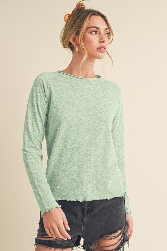 Aemi + Co Lettuce Edge Long Sleeve Round Neck T-Shirt Top in 11 Colors NWT