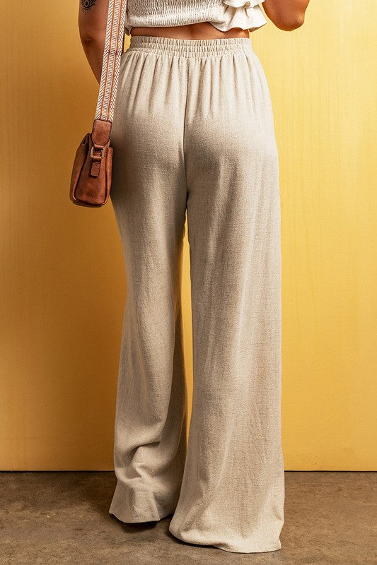 EG Fashion Beige Linen Blend Wide Leg Drawstring Pants