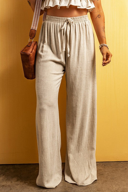 EG Fashion Beige Linen Blend Wide Leg Drawstring Pants