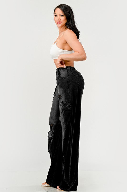 Athina Black Washed Out Distressed Cargo Pants