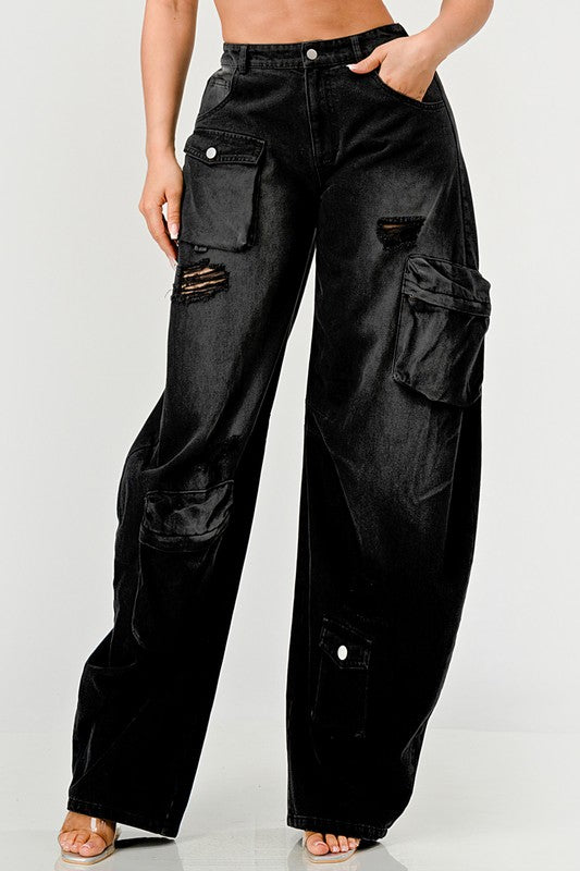 Athina Black Washed Out Distressed Cargo Pants