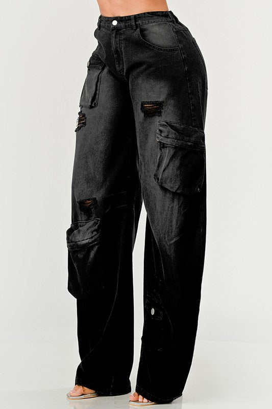 Athina Black Washed Out Distressed Cargo Pants