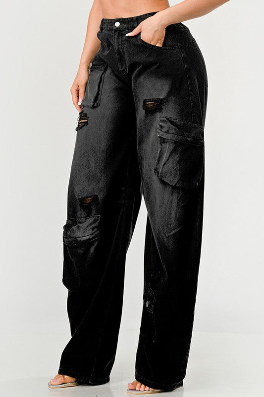 Athina Black Washed Out Distressed Cargo Pants