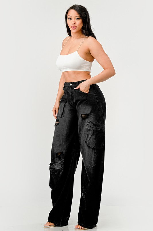 Athina Black Washed Out Distressed Cargo Pants