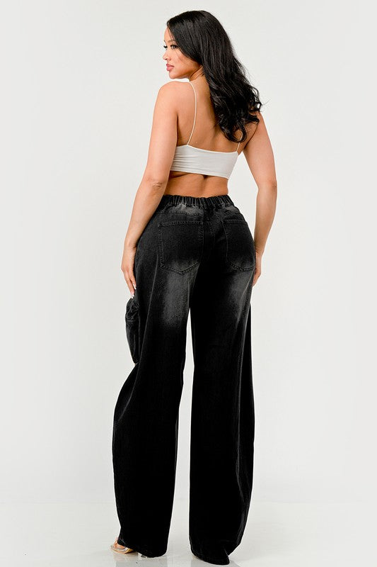 Athina Black Washed Out Distressed Cargo Pants