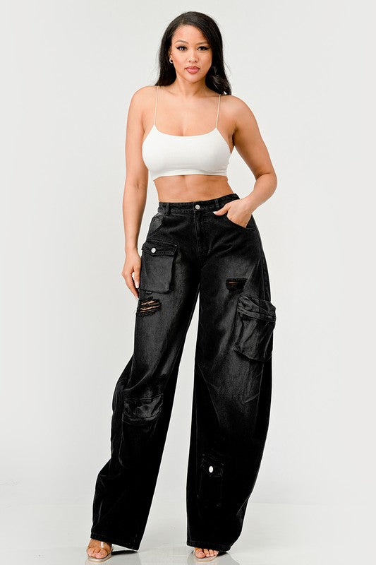 Athina Black Washed Out Distressed Cargo Pants