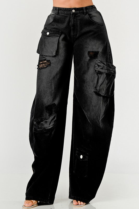 Athina Black Washed Out Distressed Cargo Pants