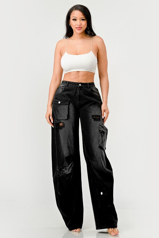 Athina Black Washed Out Distressed Cargo Pants