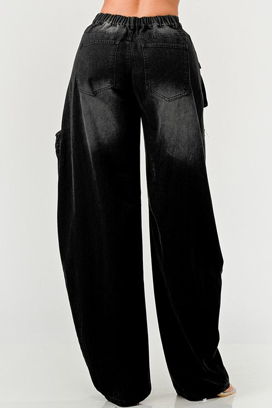 Athina Black Washed Out Distressed Cargo Pants