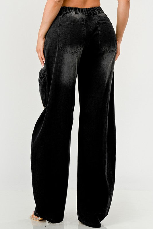 Athina Black Washed Out Distressed Cargo Pants