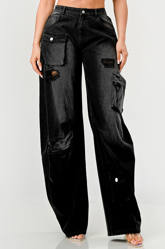 Athina Black Washed Out Distressed Cargo Pants